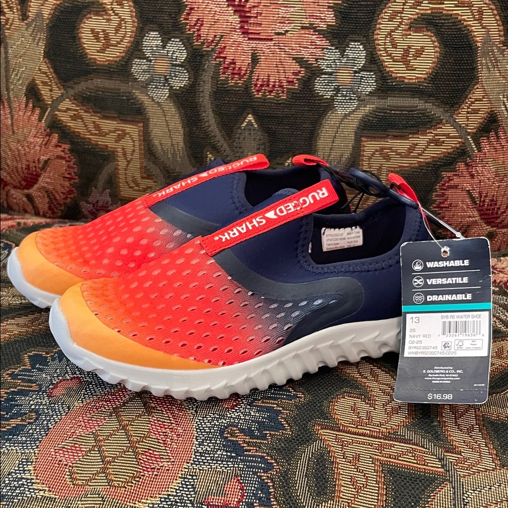 NWT Boys size 13 Rugged Shark Red Orange Navy Water Shoes